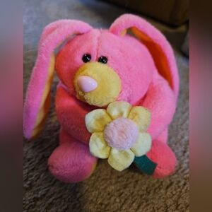 Stuffins Hot Pink Plush Bunny Holding Yellow Flower
